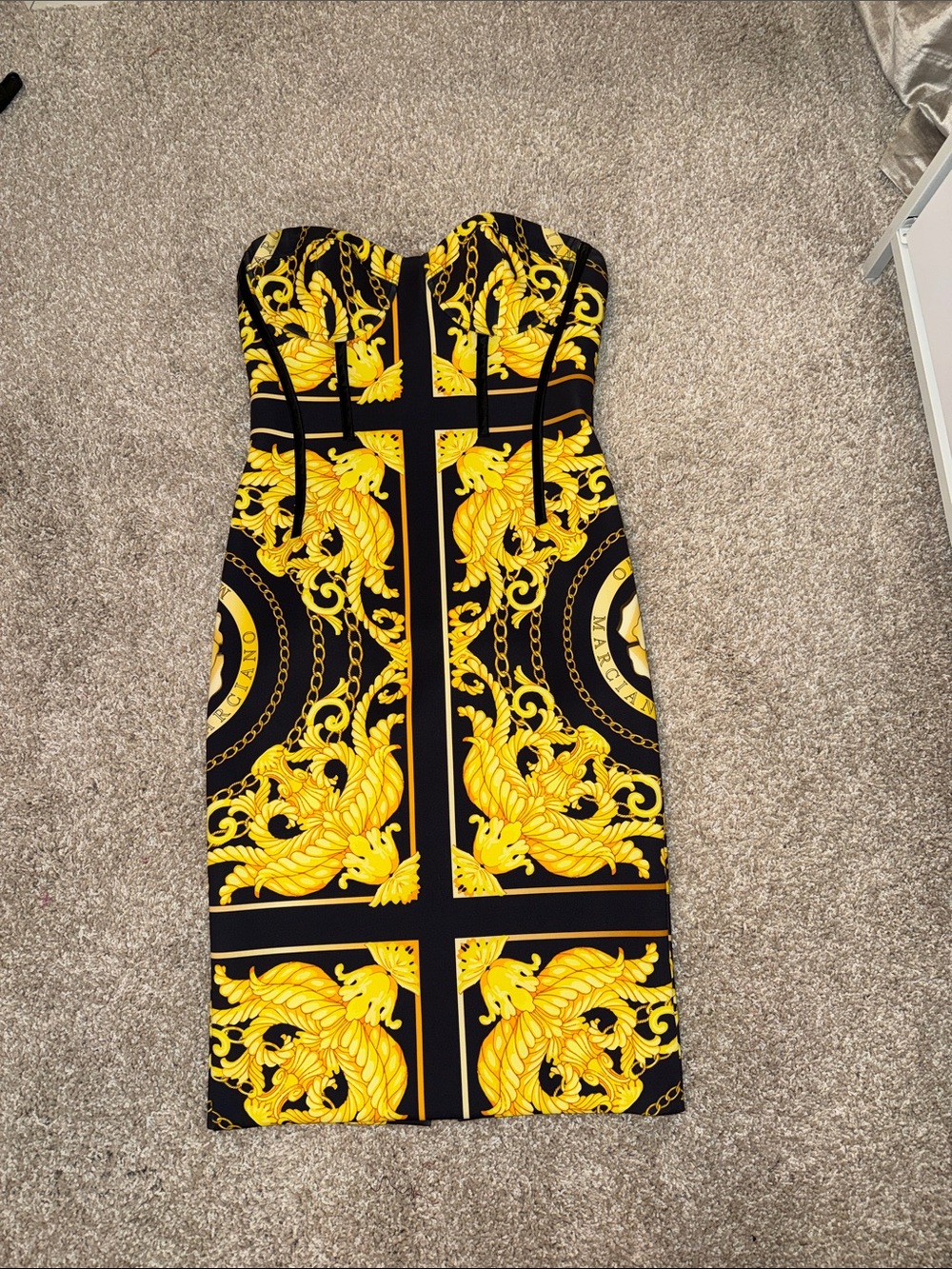 Marciano Black Strapless Sheath Dress with Yellow Baroque Print